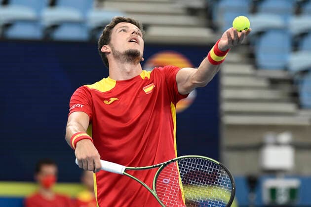 1st January 2022; Ken Rosewall Arena, Sydney, New South Wales, Australia; ATP, Tennis Herren Cup Australia, Sydney, Day 1 Chile versus Spain; Pablo Carreno Busta of Spain prepares to serve to Alejandro Tabilo of Chile  ActionPlus12351857 NigelxOwen