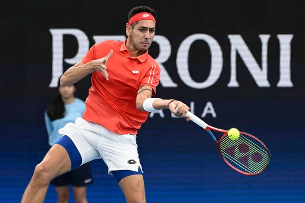 1st January 2022; Ken Rosewall Arena, Sydney, New South Wales, Australia; ATP, Tennis Herren Cup Australia, Sydney, Day 1 Chile versus Spain; Alejandro Tabilo of Chile hits a forehand to Pablo Carreno Busta of Spain  ActionPlus12351859 NigelxOwen