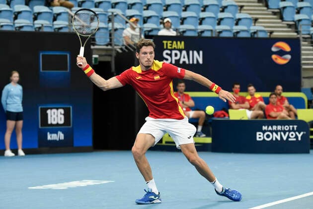 1st January 2022; Ken Rosewall Arena, Sydney, New South Wales, Australia; ATP, Tennis Herren Cup Australia, Sydney, Day 1 Chile versus Spain; Pablo Carreno Busta of Spain prepares to hit a forehand return to Alejandro Tabilo of Chile  ActionPlus12351882 NigelxOwen