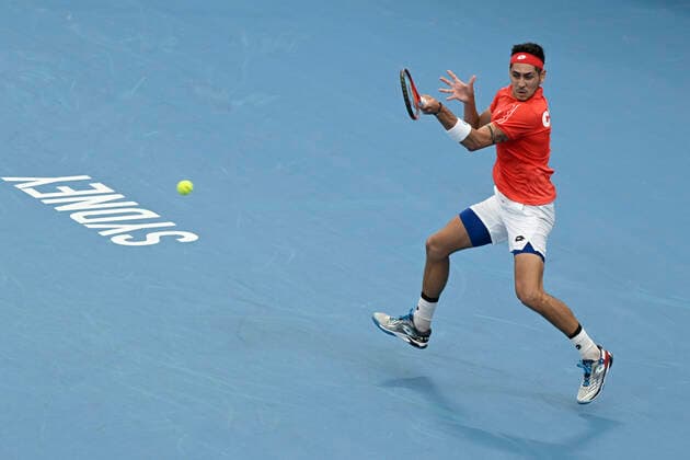 1st January 2022; Ken Rosewall Arena, Sydney, New South Wales, Australia; ATP, Tennis Herren Cup Australia, Sydney, Day 1 Chile versus Spain; Alejandro Tabilo of Chile returns serve to Pablo Carreno Busta of Spain  ActionPlus12351871 NigelxOwen