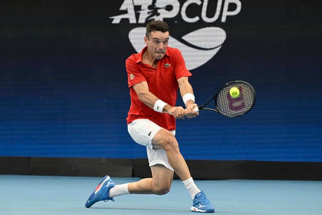 1st January 2022; Ken Rosewall Arena, Sydney, New South Wales, Australia; ATP, Tennis Herren Cup Australia, Sydney, Day 1 Chile versus Spain; Roberto Bautista Agut of Spain hits a backhand to Cristian Garin of Chile  ActionPlus12351904 NigelxOwen