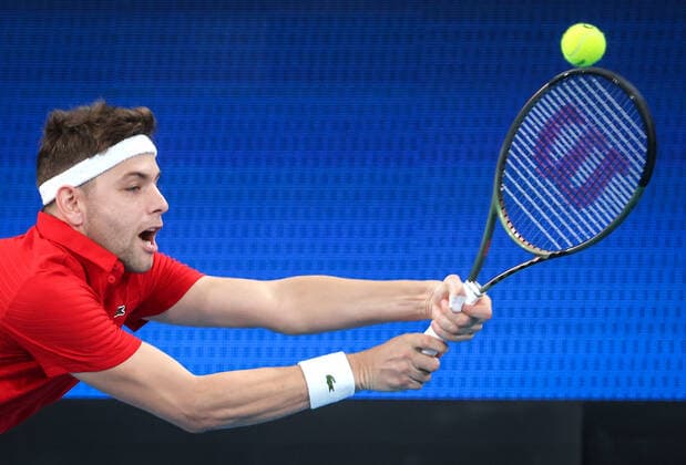 TENNIS ATP, Tennis Herren CUP, Filip Krajinovic of Team Serbia hits a shot during his match against Viktor Durasovic of Team Norway during Day 1 of the ATP Cup tournament at Ken Rosewall Arena in Sydney, Saturday, January 1, 2022. ( NO ARCHIVING, EDITORIAL USE ONLY, NO USE IN BOOKS WITHOUT CONSENT SYDNEY NSW AUSTRALIA  Copyright: xDAVIDxGRAYx 20220101001610117377