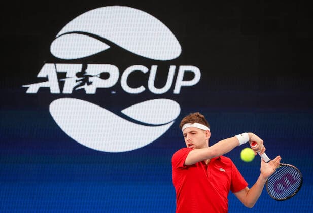 TENNIS ATP, Tennis Herren CUP, Filip Krajinovic of Team Serbia hits a shot during his match against Viktor Durasovic of Team Norway during Day 1 of the ATP Cup tournament at Ken Rosewall Arena in Sydney, Saturday, January 1, 2022. ( NO ARCHIVING, EDITORIAL USE ONLY, NO USE IN BOOKS WITHOUT CONSENT SYDNEY NSW AUSTRALIA  Copyright: xDAVIDxGRAYx 20220101001610117428