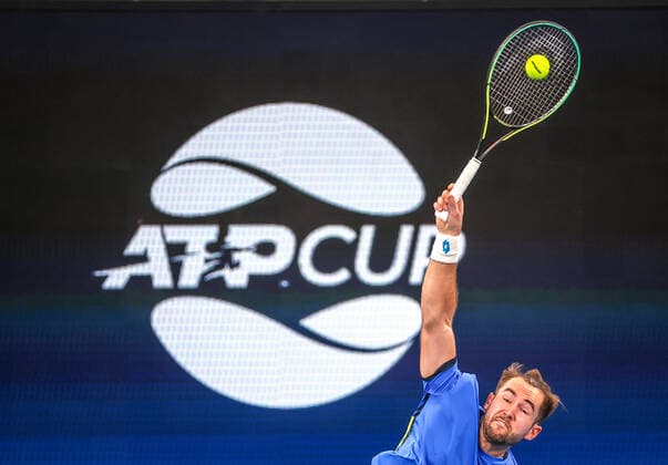 TENNIS ATP, Tennis Herren CUP, Viktor Durasovic of Team Norway serves during his match against Filip Krajinovic of Team Serbia during Day 1 of the ATP Cup tournament at Ken Rosewall Arena in Sydney, Saturday, January 1, 2022. ( NO ARCHIVING, EDITORIAL USE ONLY, NO USE IN BOOKS WITHOUT CONSENT SYDNEY NSW AUSTRALIA  Copyright: xDAVIDxGRAYx 20220101001610117462