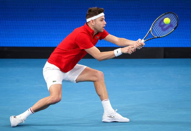 TENNIS ATP, Tennis Herren CUP, Filip Krajinovic of Team Serbia hits a shot during his match against Viktor Durasovic of Team Norway during Day 1 of the ATP Cup tournament at Ken Rosewall Arena in Sydney, Saturday, January 1, 2022. ( NO ARCHIVING, EDITORIAL USE ONLY, NO USE IN BOOKS WITHOUT CONSENT SYDNEY NSW AUSTRALIA  Copyright: xDAVIDxGRAYx 20220101001610117513