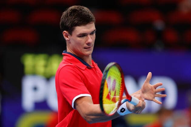 Kamil Majchrzak of Team Poland plays a shot against Michail Pervolarakis of Team Greece during the ATP, Tennis Herren Cup match at Sydney Olympic Park Tennis Centre, Sydney, Australia on 1 January 2022. Copyright: xPeterxDovganx 30460003