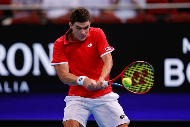 Kamil Majchrzak of Team Poland plays a shot against Michail Pervolarakis of Team Greece during the ATP, Tennis Herren Cup match at Sydney Olympic Park Tennis Centre, Sydney, Australia on 1 January 2022. Copyright: xPeterxDovganx 30460005