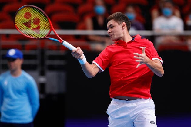 Kamil Majchrzak of Team Poland plays a shot against Michail Pervolarakis of Team Greece during the ATP, Tennis Herren Cup match at Sydney Olympic Park Tennis Centre, Sydney, Australia on 1 January 2022. Copyright: xPeterxDovganx 30460006