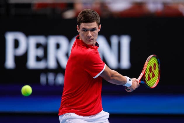 Kamil Majchrzak of Team Poland plays a shot against Michail Pervolarakis of Team Greece during the ATP, Tennis Herren Cup match at Sydney Olympic Park Tennis Centre, Sydney, Australia on 1 January 2022. Copyright: xPeterxDovganx 30460007