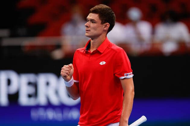 Kamil Majchrzak of Team Poland raises his fist against Michail Pervolarakis of Team Greece during the ATP, Tennis Herren Cup match at Sydney Olympic Park Tennis Centre, Sydney, Australia on 1 January 2022. Copyright: xPeterxDovganx 30460009