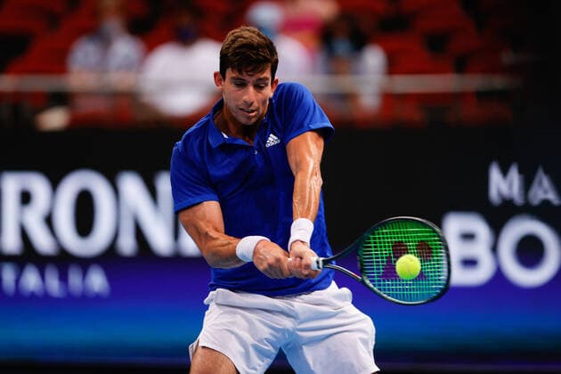 Michail Pervolarakis of Team Greece plays a shot against Kamil Majchrzak of Team Poland during the ATP, Tennis Herren Cup at Sydney Olympic Park Tennis Centre, Sydney, Australia on 1 January 2022. Copyright: xPeterxDovganx 30460015
