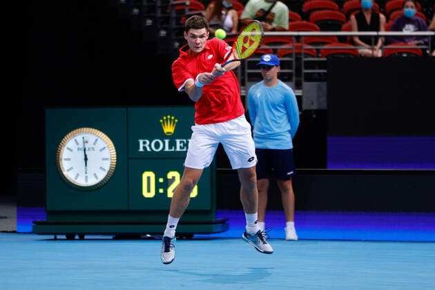 Kamil Majchrzak of Team Poland plays a shot against Michail Pervolarakis of Team Greece during the ATP, Tennis Herren Cup match at Sydney Olympic Park Tennis Centre, Sydney, Australia on 1 January 2022. Copyright: xPeterxDovganx 30460016