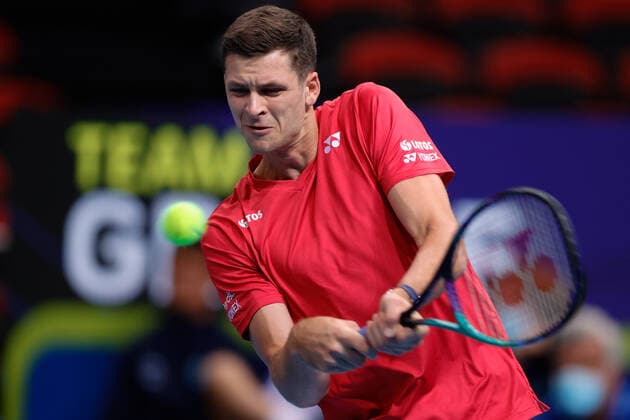 Hubert Hurkacz of Team Poland plays a shot against Aristolelis Thanos of Team Greece during the ATP, Tennis Herren Cup at Qudos Bank Arena, Sydney, Australia on 1 January 2022. Copyright: xPeterxDovganx 30460025