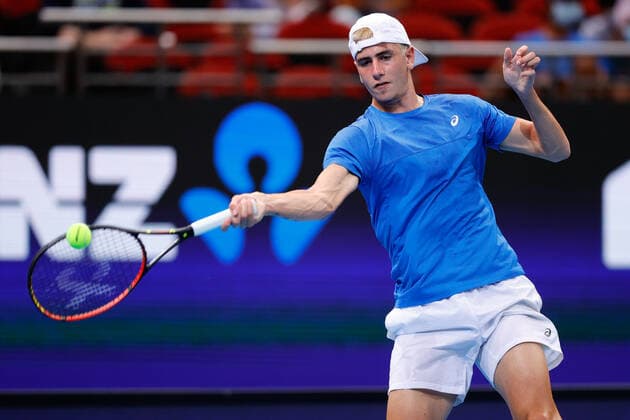 Aristolelis Thanos of Team Greece plays a shot against Hubert Hurkacz of Team Poland during the ATP, Tennis Herren Cup at Qudos Bank Arena, Sydney, Australia on 1 January 2022. Copyright: xPeterxDovganx 30460026