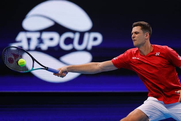 Hubert Hurkacz of Team Poland plays a shot against Aristolelis Thanos of Team Greece during the ATP, Tennis Herren Cup at Qudos Bank Arena, Sydney, Australia on 1 January 2022. Copyright: xPeterxDovganx 30460029