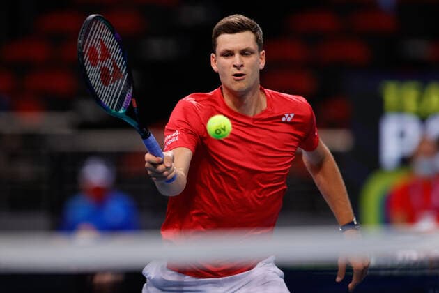 Hubert Hurkacz of Team Poland plays a shot against Aristolelis Thanos of Team Greece during the ATP, Tennis Herren Cup at Qudos Bank Arena, Sydney, Australia on 1 January 2022. Copyright: xPeterxDovganx 30460034