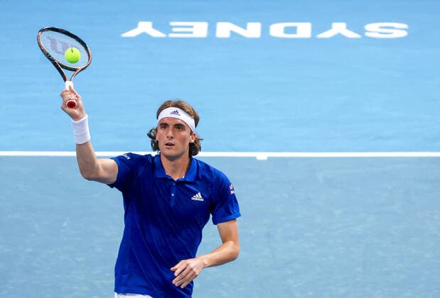 TENNIS ATP, Tennis Herren CUP, Stefanos Tsitsipas of Team Greece hits a shot during a doubles match against Team Poland during Day 1 of the ATP Cup tournament at Ken Rosewall Arena in Sydney, Saturday, January 1, 2022. ( NO ARCHIVING, EDITORIAL USE ONLY, NO USE IN BOOKS WITHOUT CONSENT SYDNEY NSW AUSTRALIA  Copyright: xDAVIDxGRAYx 20220101001610131476