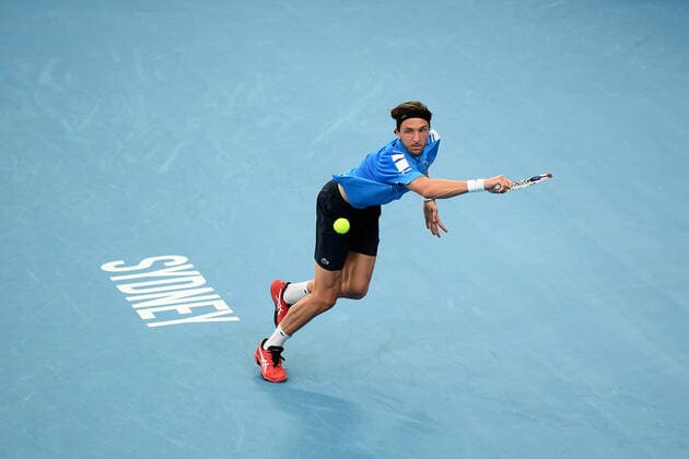 SYDNEY, AUSTRALIA - JANUARY 02: Arthur Rinderknech of France plays a backhand during the ATP, Tennis Herren Cup Tennis match between Roman Safiullin of Russia and Arthur Rinderknech of France at Ken Rosewall Arena on January 02, 2022 in Sydney, Australia. (Photo by Steven Markham Icon Sportswire) TENNIS: JAN 02 ATP Cup Sydney Icon2201020048