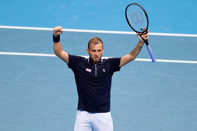 Daniel Evans of Team Great Britain celebrates defeating Jan-Lennard Struff of Team Germany during the ATP, Tennis Herren Cup at Qudos Bank Arena, Sydney Olympic Park Tennis Centre, Sydney, Australia on 2 January 2022. Copyright: xPeterxDovganx 30460096