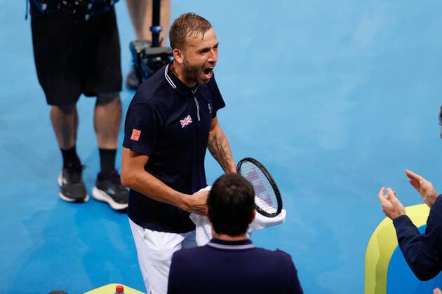 Daniel Evans of Team Great Britain celebrates defeating Jan-Lennard Struff of Team Germany during the ATP, Tennis Herren Cup at Qudos Bank Arena, Sydney Olympic Park Tennis Centre, Sydney, Australia on 2 January 2022. Copyright: xPeterxDovganx 30460102