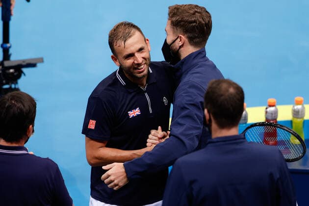 Daniel Evans of Team Great Britain celebrates with his team after defeating Jan-Lennard Struff of Team Germany during the ATP, Tennis Herren Cup at Qudos Bank Arena, Sydney Olympic Park Tennis Centre, Sydney, Australia on 2 January 2022. Copyright: xPeterxDovganx 30460103