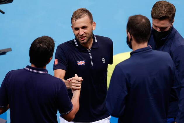 Daniel Evans of Team Great Britain celebrates with his team after defeating Jan-Lennard Struff of Team Germany during the ATP, Tennis Herren Cup at Qudos Bank Arena, Sydney Olympic Park Tennis Centre, Sydney, Australia on 2 January 2022. Copyright: xPeterxDovganx 30460104