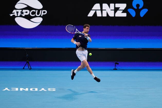 Cameron Norrie of Team Great Britain plays a shot against Alexander Zverev of Team Germany during the ATP, Tennis Herren Cup at Qudos Bank Arena, Sydney Olympic Park Tennis Centre, Sydney, Australia on 2 January 2022. Copyright: xPeterxDovganx 30460138