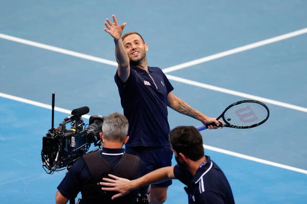 Daniel Evans of Team Great Britain celebrate defeating Alexander Zverev and Kevin Krawietz of Team Germany during the ATP, Tennis Herren Cup at Qudos Bank Arena, Sydney Olympic Park Tennis Centre, Sydney, Australia on 2 January 2022. Copyright: xPeterxDovganx 30460174