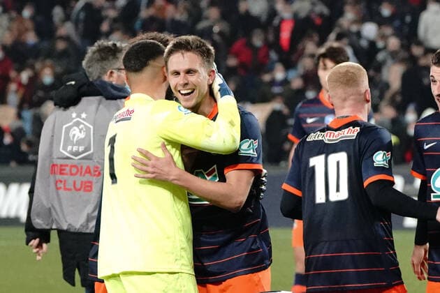 Joie - Equipe de Montpellie - Dimitry Bertaud (Montpellier FC) - Arnaud Souquet (Montpellier FC) FOOTBALL : Montpellier vs Strasbourg - 16eme de finale de coupe de France - Montpellier - 02 01 2022 NorbertScanella Panoramic 