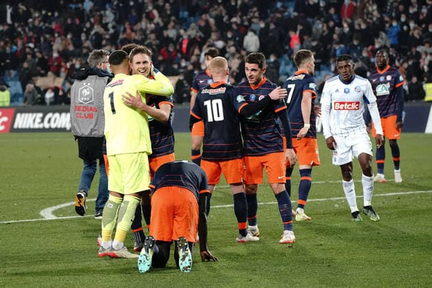 Joie - Equipe de Montpellie - Dimitry Bertaud (Montpellier FC) - Arnaud Souquet (Montpellier FC) FOOTBALL : Montpellier vs Strasbourg - 16eme de finale de coupe de France - Montpellier - 02 01 2022 NorbertScanella Panoramic 