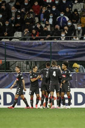 Joie des joueurs de l AS Monaco apres le but de Kevin Volland (AS Monaco) FOOTBALL : 16e finale de la Coupe de France - Quevilly-Rouen vs AS Monaco - 02 01 2022 AurelienMorissard Panoramic 