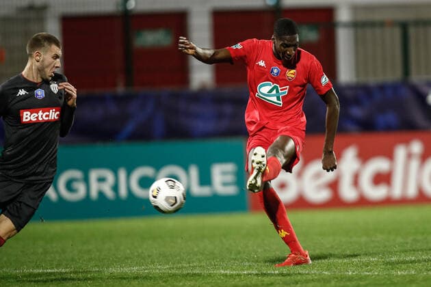 But de Kalidou Sidibe (Quevilly-Rouen) FOOTBALL : 16e finale de la Coupe de France - Quevilly-Rouen vs AS Monaco - 02 01 2022 AurelienMorissard Panoramic 