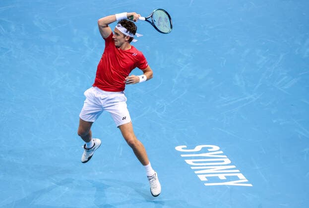 TENNIS ATP, Tennis Herren CUP, Casper Ruud of Team Norway hits a shot during his match against Roberto Bautista Agut of Team Spain on day 3 of the ATP Cup tennis tournament at Qudos Arena in Sydney, Monday, January 3, 2022. ( NO ARCHIVING, EDITORIAL USE ONLY, NO USE IN BOOKS WITHOUT CONSENT SYDNEY NSW AUSTRALIA  Copyright: xDAVIDxGRAYx 20220103001610466040