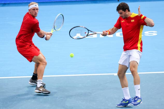 TENNIS ATP, Tennis Herren CUP, Alejandro Davidovich Fokina (L) and Pedro Martinez of Team Spain compete during their doubles match against Lukas Hellum-Lilleengen and Andreja Petrovic of Team Norway on day 3 of the ATP Cup tennis tournament at Qudos Arena in Sydney, Monday, January 3, 2022. ( NO ARCHIVING, EDITORIAL USE ONLY, NO USE IN BOOKS WITHOUT CONSENT SYDNEY NSW AUSTRALIA  Copyright: xDAVIDxGRAYx 20220103001610469574