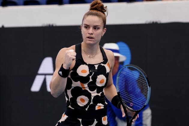 ADELAIDE, AUSTRALIA - JANUARY 03: Maria Sakkari of Greece reacts on a point during the WTA, Tennis Damen singles match between Tamara Zidansek of Slovakia and Maria Sakkari of Greece on day one of the Adelaide International tennis tournament at Memorial Drive on January 03, 2022 in Adelaide, Australia. (Photo by Peter Mundy Speed Media Icon Sportswire) TENNIS: JAN 03 - Adelaide International Icon220103034