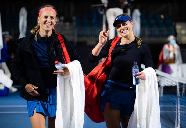 January 3, 2022, ADELAIDE, AUSTRALIA: Victoria Azarenka of Belarus & Paula Badosa of Spain playing doubles at the 2022 Adelaide International WTA, Tennis Damen 500 tennis tournament ADELAIDE AUSTRALIA - ZUMAa181 20220103_zaa_a181_194 Copyright: xRobxPrangex