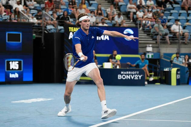 3rd January 2022: Ken Rosewall Arena, Sydney Olympic Park, Sydney, Australia; ATP, Tennis Herren Cup tennis tournament, Day 3 Greece versus Argentina; Stefanos Tsitsipas of Team Greece hits a forehand to Diego Schwartzman of Team Argentina  ActionPlus12352891 NigelxOwen