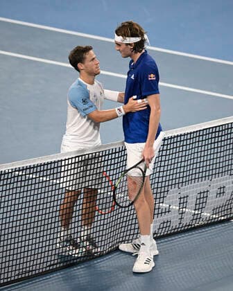 3rd January 2022: Ken Rosewall Arena, Sydney Olympic Park, Sydney, Australia; ATP, Tennis Herren Cup tennis tournament, Day 3 Greece versus Argentina; Diego Schwartzman of Team Argentina and Stefanos Tsitsipas of Team Greece shakes hands after their match which Schwartzman won 2-1  ActionPlus12352923 NigelxOwen