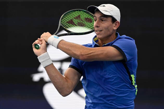 3rd January 2022: Ken Rosewall Arena, Sydney Olympic Park, Sydney, Australia; ATP, Tennis Herren Cup tennis tournament, Day 3 Greece versus Argentina; Michail Pervolarakis of Team Greece follows through on his shot in his tie against Federico Delbonis of Team Argentina  ActionPlus12352825 NigelxOwen