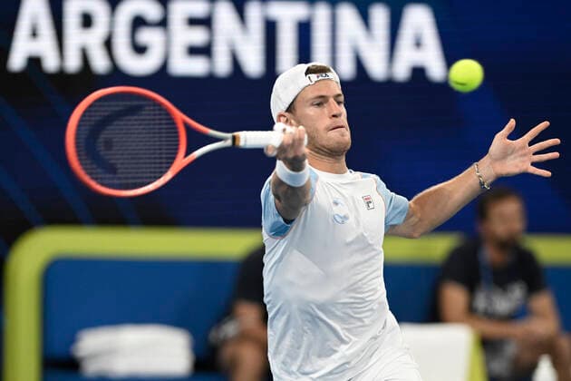 3rd January 2022: Ken Rosewall Arena, Sydney Olympic Park, Sydney, Australia; ATP, Tennis Herren Cup tennis tournament, Day 3 Greece versus Argentina; Diego Schwartzman of Team Argentina hits a forehand to Stefanos Tsitsipas of Team Greece  ActionPlus12352861 NigelxOwen
