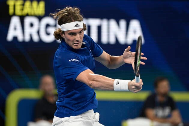3rd January 2022: Ken Rosewall Arena, Sydney Olympic Park, Sydney, Australia; ATP, Tennis Herren Cup tennis tournament, Day 3 Greece versus Argentina; Stefanos Tsitsipas of Team Greece follows through on his shot in his tie against Diego Schwartzman of Team Argentina  ActionPlus12352869 NigelxOwen