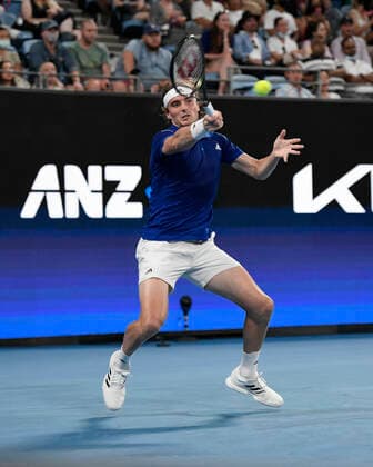 3rd January 2022: Ken Rosewall Arena, Sydney Olympic Park, Sydney, Australia; ATP, Tennis Herren Cup tennis tournament, Day 3 Greece versus Argentina; Stefanos Tsitsipas of Team Greece hits a forehand to Diego Schwartzman of Team Argentina  ActionPlus12352898 NigelxOwen