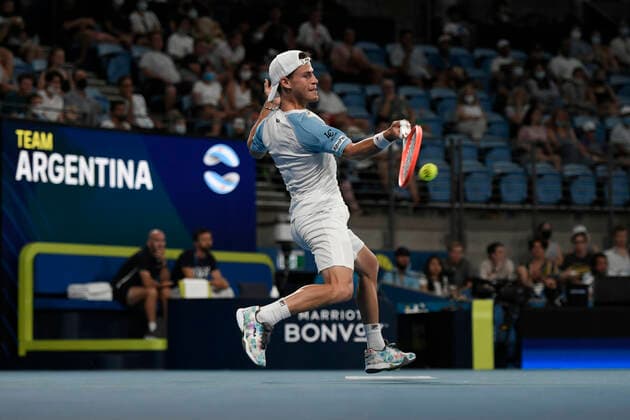 3rd January 2022: Ken Rosewall Arena, Sydney Olympic Park, Sydney, Australia; ATP, Tennis Herren Cup tennis tournament, Day 3 Greece versus Argentina; Diego Schwartzman of Team Argentina hits a forehand to Stefanos Tsitsipas of Team Greece  ActionPlus12352905 NigelxOwen