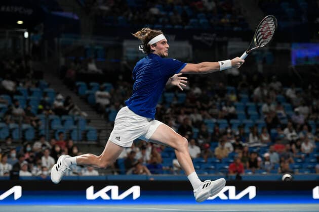 3rd January 2022: Ken Rosewall Arena, Sydney Olympic Park, Sydney, Australia; ATP, Tennis Herren Cup tennis tournament, Day 3 Greece versus Argentina; Stefanos Tsitsipas of Team Greece hits a forehand to Diego Schwartzman of Team Argentina  ActionPlus12352909 NigelxOwen