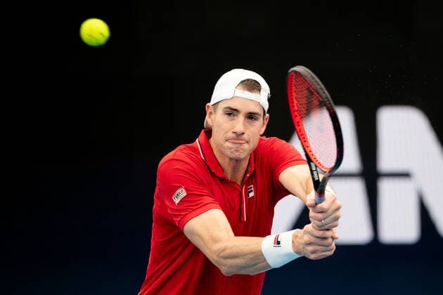 SYDNEY, AUSTRALIA - JANUARY 04: John Isner of USA plays a backhand during the ATP, Tennis Herren Cup Tennis match between Jan-Lennard Struff of Germany and John Isner of USA at Ken Rosewall Arena on January 04, 2022 in Sydney, Australia. (Photo by Steven Markham Icon Sportswire) TENNIS: JAN 04 ATP Cup Sydney Icon2201040032