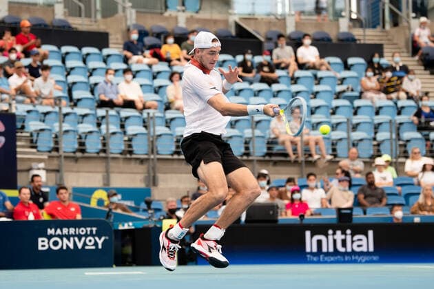 SYDNEY, AUSTRALIA - JANUARY 04: Jan-Lennard Struff of Germany plays a forehand during the ATP, Tennis Herren Cup Tennis match between Jan-Lennard Struff of Germany and John Isner of USA at Ken Rosewall Arena on January 04, 2022 in Sydney, Australia. (Photo by Steven Markham Icon Sportswire) TENNIS: JAN 04 ATP Cup Sydney Icon2201040046