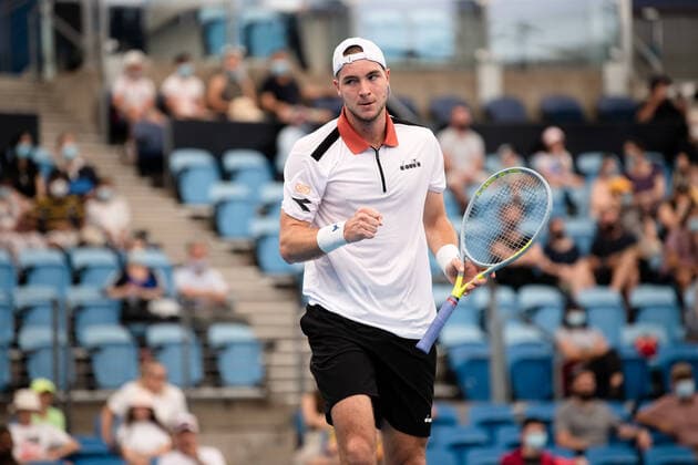 SYDNEY, AUSTRALIA - JANUARY 04: Jan-Lennard Struff of Germany pumps his fist during the ATP, Tennis Herren Cup Tennis match between Jan-Lennard Struff of Germany and John Isner of USA at Ken Rosewall Arena on January 04, 2022 in Sydney, Australia. (Photo by Steven Markham Icon Sportswire) TENNIS: JAN 04 ATP Cup Sydney Icon2201040050
