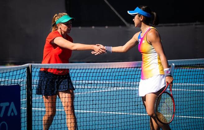 Mandatory Credit: Photo by Rob Prange Shutterstock (12683870ef) Kristina Kucova of Slovakia & Misaki Doi of Japan in action during the first round of the 2022 Adelaide International WTA, Tennis Damen 500 tennis tournament Adelaide International, Tennis, Memorial Drive Tennis Centre, Adelaide, Australia - 04 Jan 2022 Adelaide International, Tennis, Memorial Drive Tennis Centre, Adelaide, Australia - 04 Jan 2022  Copyright: xRobxPrange Shutterstockx 12683870ef