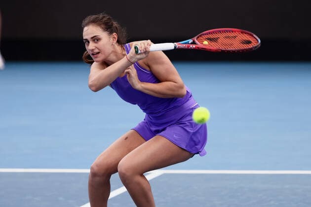 ADELAIDE, AUSTRALIA - JANUARY 04: Anastasia Gasanova of Russia hits a backhand during the WTA, Tennis Damen singles match between Elina Svitolina of Ukraine and Anastasia Gasanova of Russia on day two of the Adelaide International tennis tournament at Memorial Drive on January 04, 2022 in Adelaide, Australia. (Photo by Peter Mundy Speed Media Icon Sportswire) TENNIS: JAN 04 - Adelaide International Icon220104047