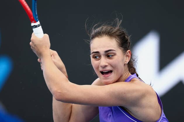 ADELAIDE, AUSTRALIA - JANUARY 04: Anastasia Gasanova of Russia hits a backhand during the WTA, Tennis Damen singles match between Elina Svitolina of Ukraine and Anastasia Gasanova of Russia on day two of the Adelaide International tennis tournament at Memorial Drive on January 04, 2022 in Adelaide, Australia. (Photo by Peter Mundy Speed Media Icon Sportswire) TENNIS: JAN 04 - Adelaide International Icon220104057